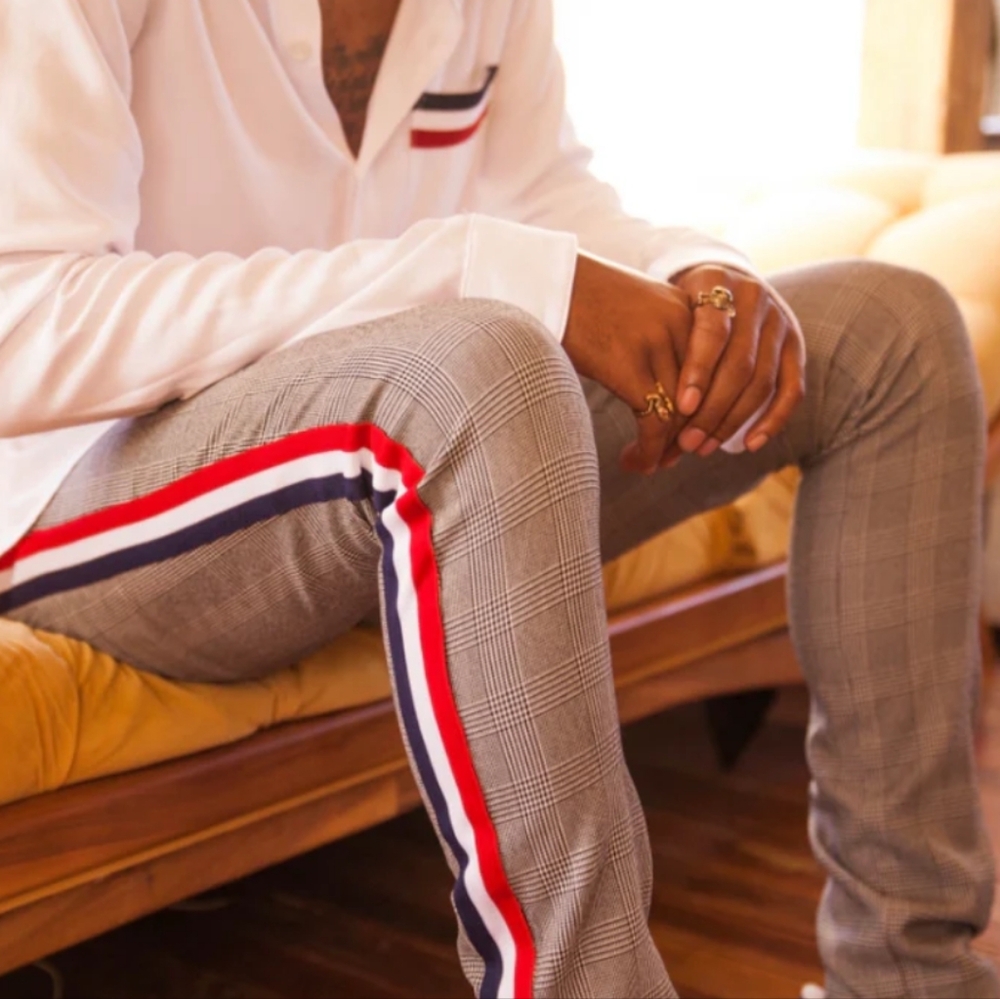 Christos New York Kennedy Grey Plaid Racer Stripe Trousers